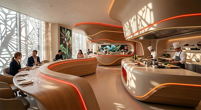 A New Concept Restaurant &ndash; Creative Heat Bending and All-Time Antibacterial Dining Space